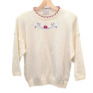 Vintage Nan Dorsey Embroidered Rose White Knit Sweater L USA Made Cottagecore